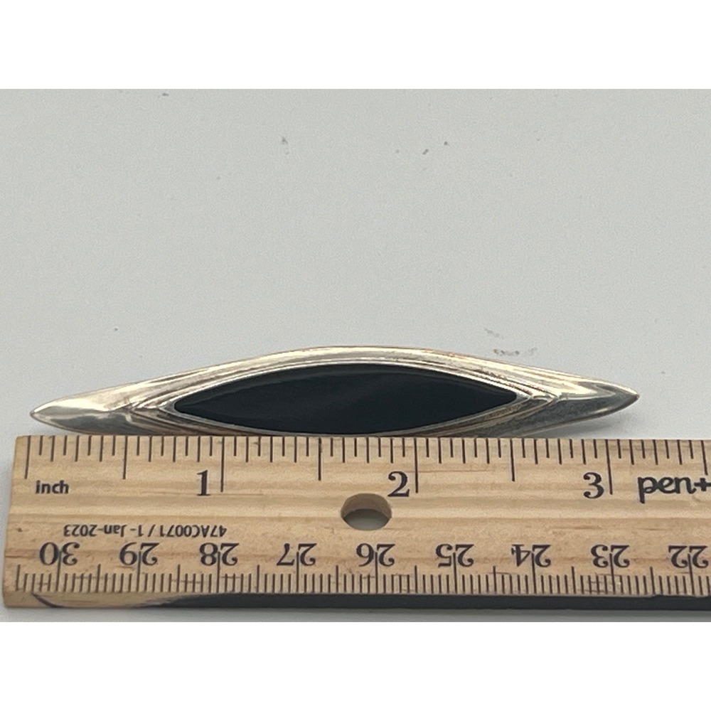 Vintage‎ Sterling Silver 925 Black Onyx Navette Bar Brooch Pin Minimalist 4" - Picture 7 of 7